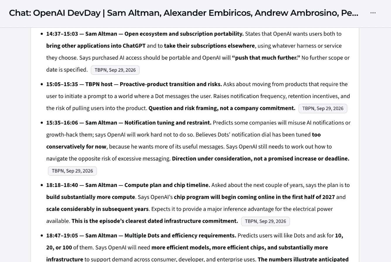 An Ask answer in Media Monitor listing statements from TBPN’s OpenAI DevDay episode, each with a timestamp, the speaker and a citation, including Sam Altman at 18:18 saying OpenAI’s chip program begins coming online in the first half of 2027.