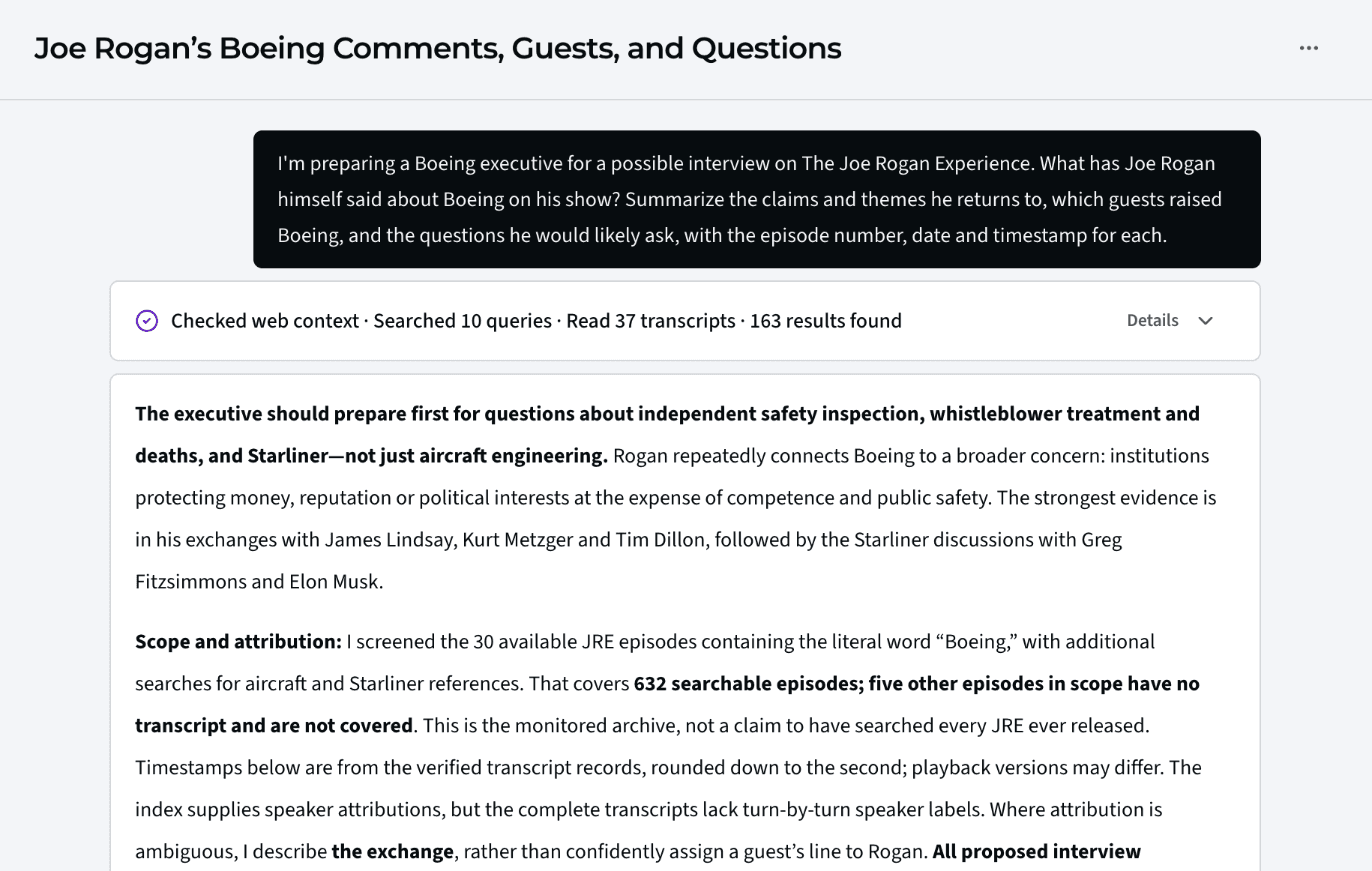 An Ask answer in Media Monitor, “Joe Rogan’s Boeing Comments, Guests, and Questions,” after reading 37 transcripts. It advises preparing first for questions about independent safety inspection, whistleblowers and Starliner.