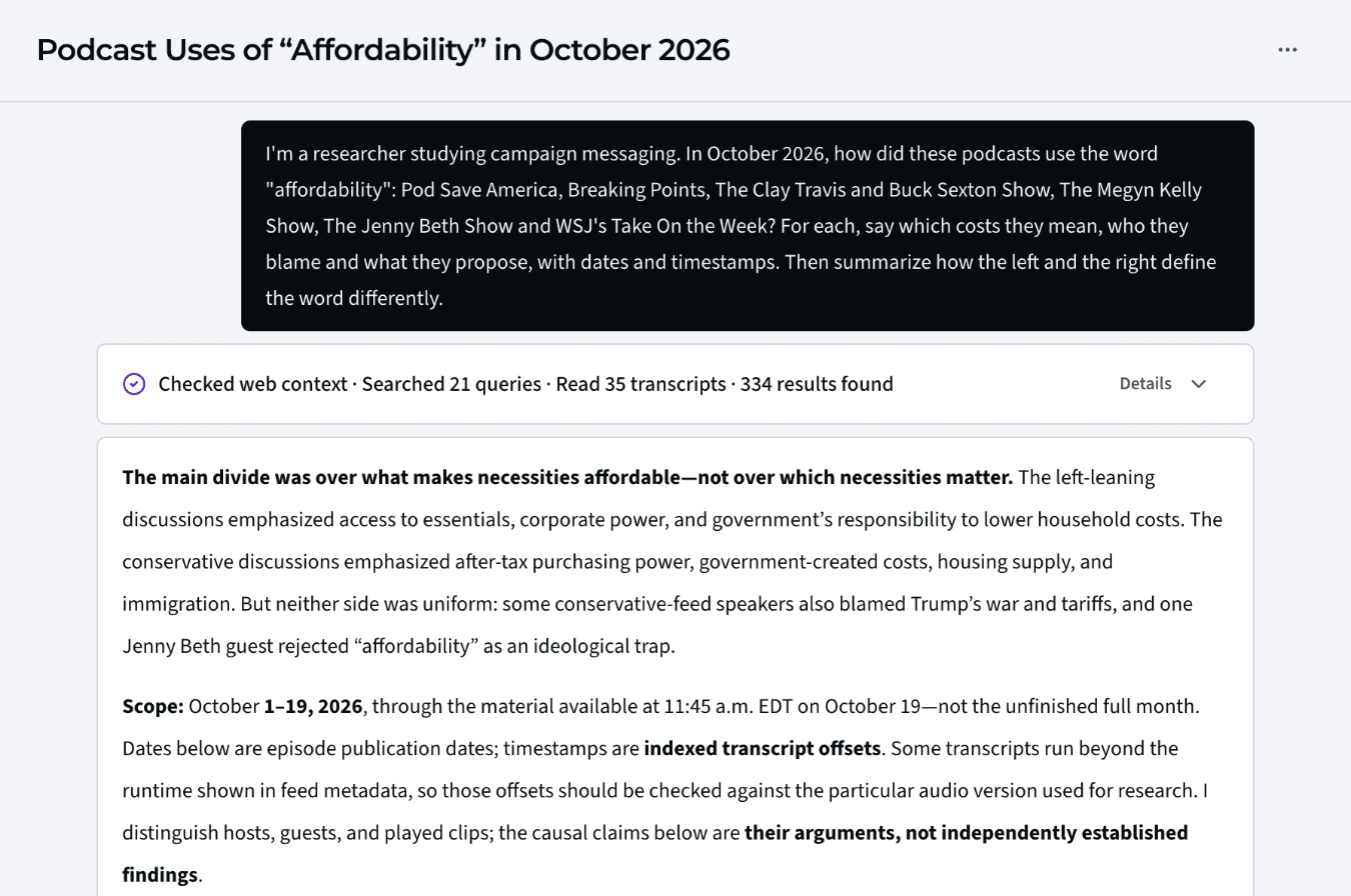 An Ask answer in Media Monitor, “Podcast Uses of “Affordability” in October 2026,” after reading 35 transcripts. It finds the main divide was over what makes necessities affordable, not over which necessities matter.