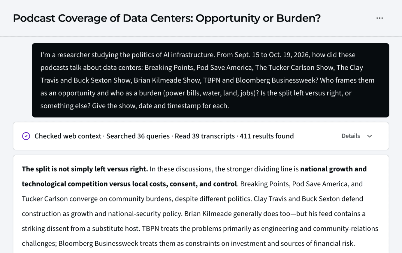 An Ask answer in Media Monitor, “Podcast Coverage of Data Centers: Opportunity or Burden?,” after reading 39 transcripts. It finds the split is not simply left versus right, but national growth and competition versus local costs, consent and control.